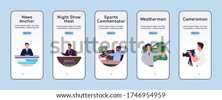 News show onboarding mobile app screen flat vector template. TV broadcasting programs walkthrough website steps with characters. UX, UI, GUI smartphone cartoon interface, case prints set