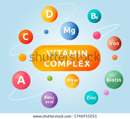 Vitamin complex cartoon vector illustration. Dietary supplement flat color object. Vitamin C, D, B6. Complementary feeding for health. Food additives. Balanced diet isolated on blue background