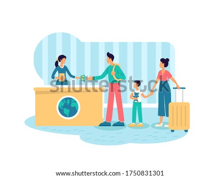 Tourist visa application 2D vector web banner, poster. Parents and child with suitcases flat characters on cartoon background. Family vacation printable patch, colorful web element