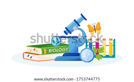 Biology flat concept vector illustration. School subject. Lab analysis. Natural science metaphor. Practical class. University course. Student textbook and laboratory items 2D cartoon objects