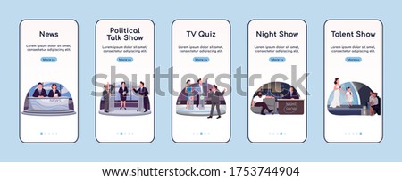 TV programming onboarding mobile app screen flat vector template. Television industry walkthrough website steps with characters. UX, UI, GUI smartphone cartoon interface, case prints set