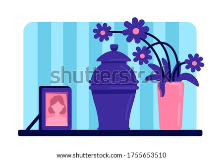 Urn with ashes flat color vector illustration. Funeral tradition. Dead woman portrait and flowers on table. Home living room 2D cartoon interior with deceased female picture on background