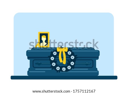 Dead man coffin and photo flat color vector illustration. Funeral tradition. Burial ceremony. Ritual service 2D cartoon interior with deceased male picture and flowers wreath on background