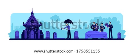 Funeral ceremony flat color vector illustration. Man with flower at cemetery. People at graveyard. Family 2D cartoon characters standing near coffin with tombstones and crypt on background