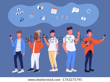 Social media culture flat concept vector illustration. Young people, generation Z teens with smartphones 2D cartoon characters for web design. Digital lifestyle, gen Z communication creative idea