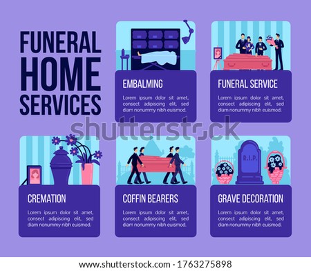Funeral home services flat color vector informational infographic template. Poster, booklet, PPT page concept design with cartoon characters. Advertising flyer, leaflet, info banner idea