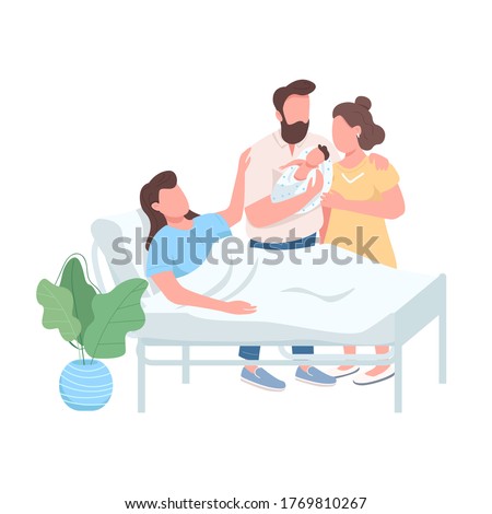 Surrogate mother flat color vector faceless character. Husband and wife with newborn baby. Woman give birth. Alternative childbirth isolated cartoon illustration for web graphic design and animation