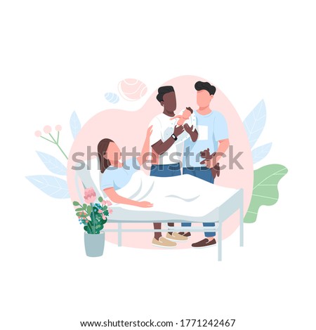 Surrogate mom with gay couple flat color vector faceless character. Baby adoption. LGBT parents with newborn. Alternative birth isolated cartoon illustration for web graphic design and animation
