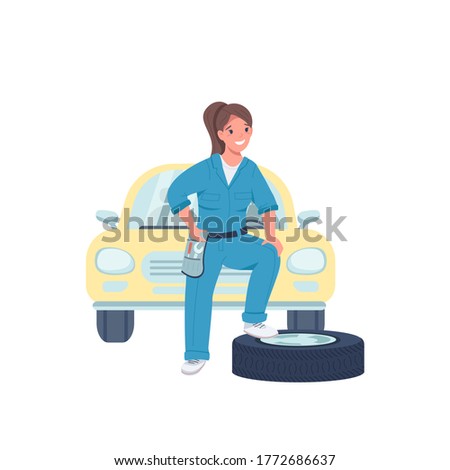 Woman car mechanic flat color vector detailed character. Female technician. Cheerful lady working in automobile repair service isolated cartoon illustration for web graphic design and animation