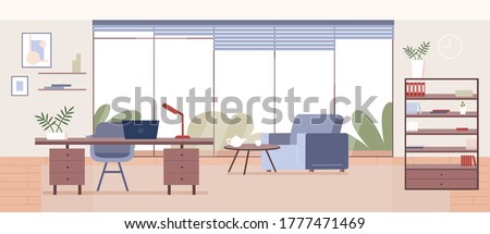 Corporate office flat color vector illustration. Business company CEO workplace 2D cartoon interior design with furniture on background. Professional freelancer workspace, modern apartment decor