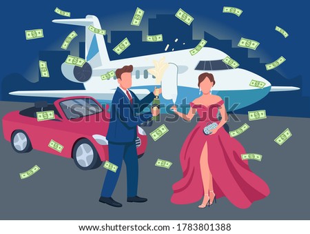 Wealthy couple opening champagne bottle flat color vector illustration. Money flying around. Rich people having celebration 2D cartoon characters with transport and cityscape on background