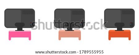 Television back flat color vector objects set. TV on colorful tables. Wide telly screen backside. Living room equipment isolated cartoon illustration for web graphic design and animation collection