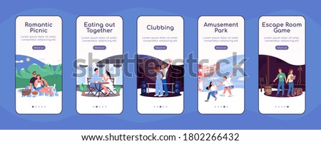 Fun date ideas onboarding mobile app screen flat vector template. Eating together. Theme park. Walkthrough website steps with characters. UX, UI, GUI smartphone cartoon interface, case prints set