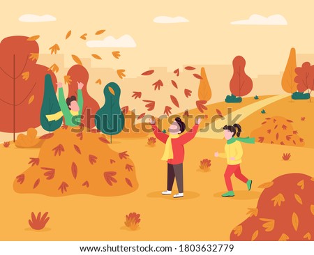 Children play in leaves pile semi flat vector illustration. Kids game in autumn season. Boy and girl spend time together in fall park. Preschoolers 2D cartoon characters for commercial use