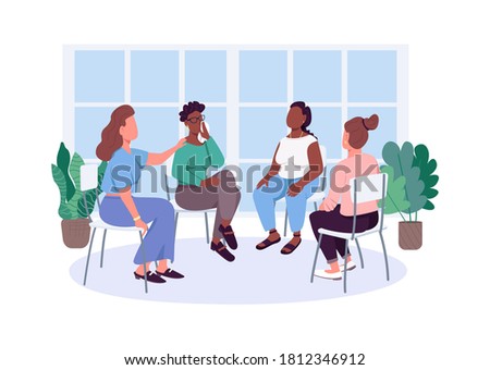 Women social support group flat color vector faceless characters. Female issues therapy meeting. Mental health care isolated cartoon illustration for web graphic design and animation