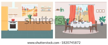 Cozy home flat color vector illustration set. Kitchen in household. Thanksgiving serving on table in living room. House 2D cartoon interior with autumn in window on background collection