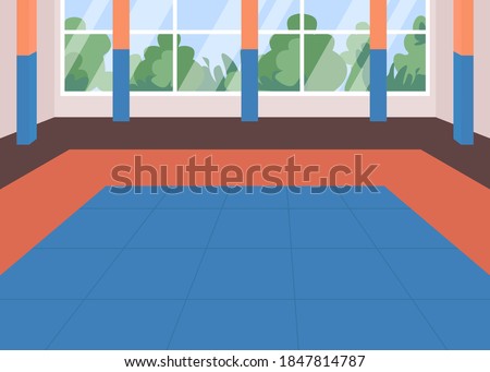 Martial arts dojo flat color vector illustration. Karate school class. Place for sport exercise. Empty space for kung fu training. Gym room 2D cartoon interior with window on background
