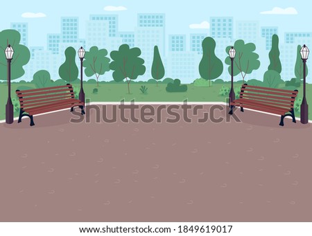 Park plaza flat color vector illustration. Parkway with benches. Place for recreation. Downtown district with nature. Metropolis playground 2D cartoon landscape with skyline on background