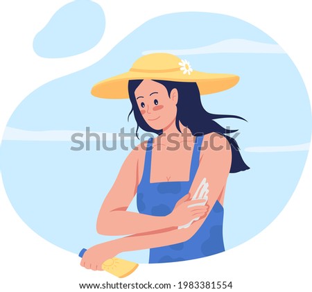 Girl applying sunscreen lotion on arms 2D vector isolated illustration. Skincare routine. Young woman in straw hat flat character on cartoon background. Spending time at beach colourful scene