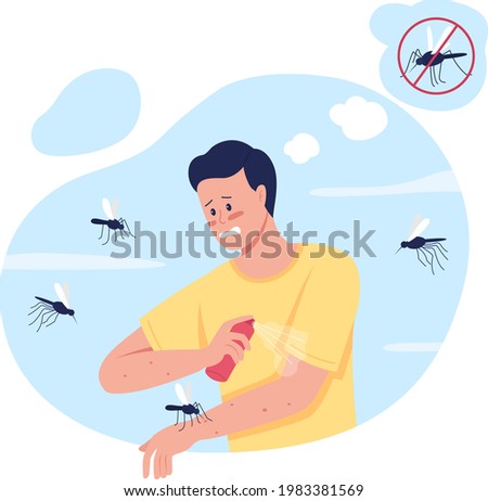 Keeping mosquitoes away while summer camping 2D vector isolated illustration. Insect repellent use. Stressed man flat character on cartoon background. Applying mosquito spray colourful scene