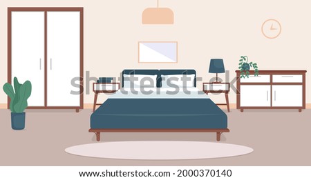 Bedroom interior flat color vector illustration. Cozy living room. Residential lifestyle. Double sized bed. Household room with furniture. Modern home 2D cartoon interior with furnishing on background