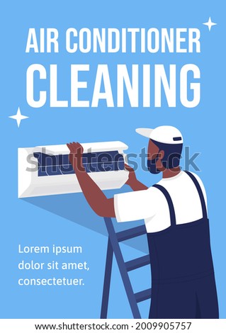 Air conditioner cleaning poster flat vector template. Maintenance task. Brochure, booklet one page concept design with cartoon characters. Cooling performance improving flyer, leaflet with copy space
