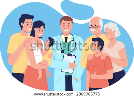 General medical treatment for people all ages 2D vector isolated illustration. Providing health care for entire family flat characters on cartoon background. Comprehensive healthcare colourful scene 商業照片 © 