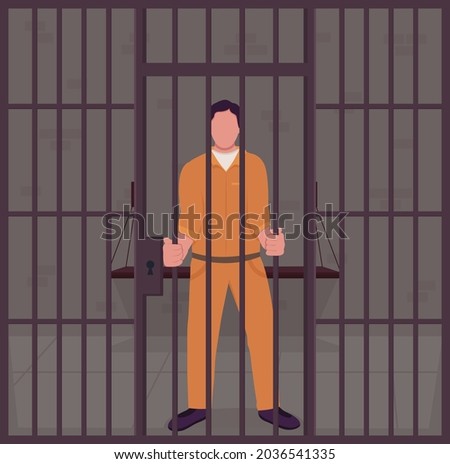 Male prisoner in jail semi flat color vector character. Full body person on white. Convict person behind bars isolated modern cartoon style illustration for graphic design and animation