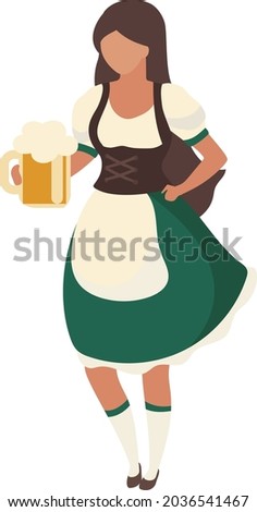 Brunette barmaid with beer glass semi flat color vector character. Full body person on white. Octoberfest costume isolated modern cartoon style illustration for graphic design and animation