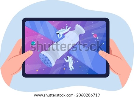 Watching science fiction film 2D vector isolated illustration. Recording of satellite in outer space. Space exploration. Holding tablet flat first view hands on cartoon background. colourful scene