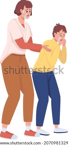 Crying mother embracing son shoulders semi flat color vector characters. Full body people on white. Empathic response isolated modern cartoon style illustration for graphic design and animation