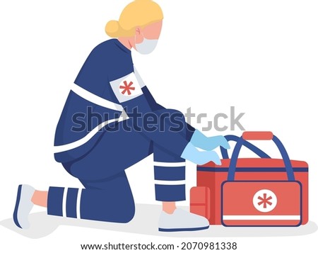 Female paramedic semi flat color vector character. Full body person on white. Licensed practitioner with emergency bag isolated modern cartoon style illustration for graphic design and animation