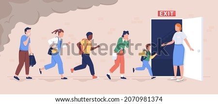 Pupils evacuation from school building flat color vector illustration. Students and staff emergency leaving. Kids follows escape route 2D cartoon characters with educational facility on background