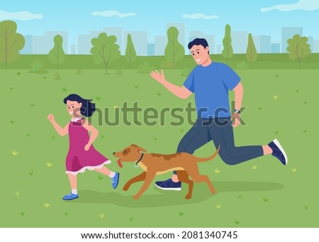 Playing with dog outside flat color vector illustration. Dog park visit. Active family bonding. Running father and daughter with pet 2D cartoon characters with green landscape on background