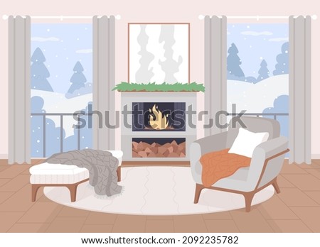 Scandinavian living room flat color vector illustration. Fireplace for warmth at comfortable home. Winter outside in windows. Nordic style 2D cartoon interior with furnishing on background