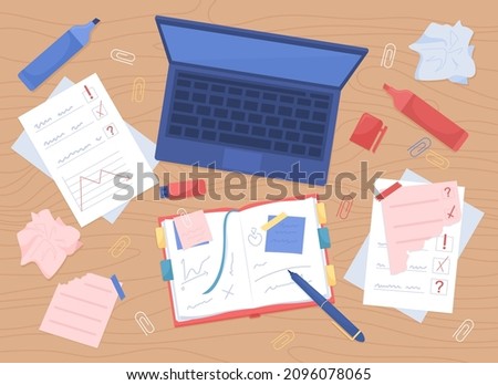 Messy workspace flat color vector illustration. Freelancer workspace. Chaotic deskspace with stationery. Pens and paper. Top view 2D cartoon illustration with desktop on background collection