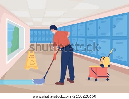 Cleaning school hall flat color vector illustration. Cleaner on sweeping job. Cleansing passageway. Janitor mopping floor 2D cartoon character with lockers row corridor on background