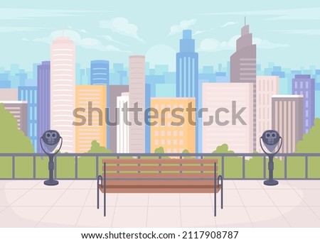 Viewpoint on downtown core flat color vector illustration. Perfect perspective on city architecture. Observation deck in daytime 2D simple cartoon cityscape with skyscrapers on background