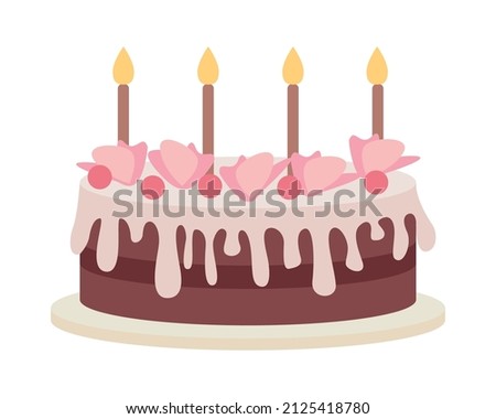 Birthday cake with decorations semi flat color vector object. Full sized item on white. Party fare. Delicious dessert simple cartoon style illustration for web graphic design and animation Stock foto © 