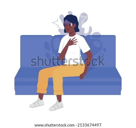 Lady having panic attack semi flat color vector character. Sitting figure. Full body person on white. Feel anxious and stressed simple cartoon style illustration for web graphic design and animation