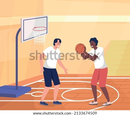 High school students playing basketball flat color vector illustration. Physical activity and competition at school. Sport game players 2D simple cartoon characters with gym on background