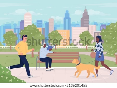 City park with visitors flat color vector illustration. Dog walking. Sustainable neighborhood. People enjoying weather in green space 2D simple cartoon characters with cityscape on background