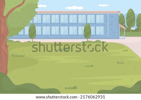 High school surrounded by green schoolyard flat color vector illustration. Learning environment. School facility. Fully editable 2D simple cartoon landscape with school building on background