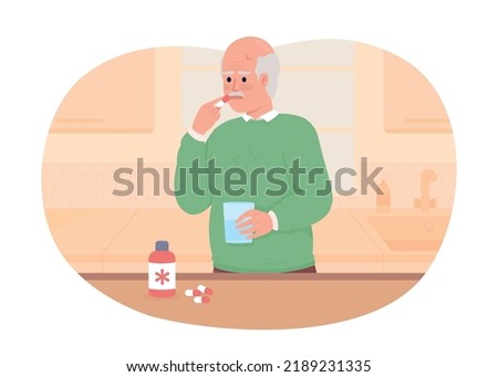 Old man taking medicine at home 2D vector isolated illustration. Vitamin dose. Elderly healthcare flat character on cartoon background. Colourful editable scene for mobile, website, presentation