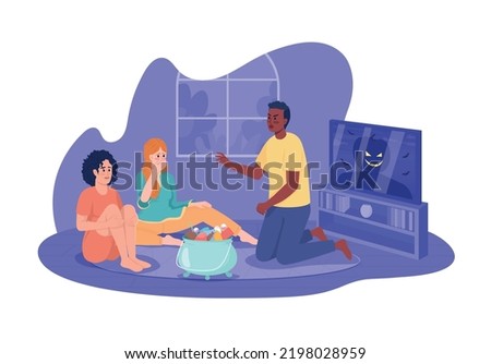 Man telling horror story to friends 2D vector isolated illustration. Halloween celebration flat characters on cartoon background. Party colourful editable scene for mobile, website, presentation