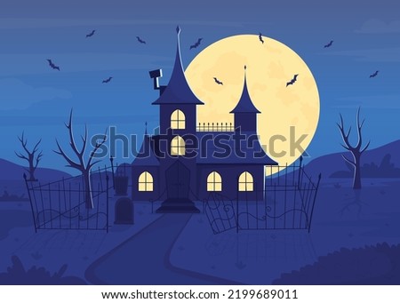 Spooky castle flat color vector illustration. Gravestones at backyard. Halloween night. Ominous environment. Fully editable 2D simple cartoon landscape with full moon on background