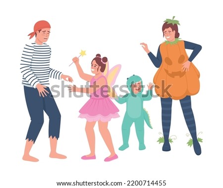 Family members having fun semi flat color vector characters. Editable figures. Full body people on white. Halloween masquerade simple cartoon style illustration for web graphic design and animation