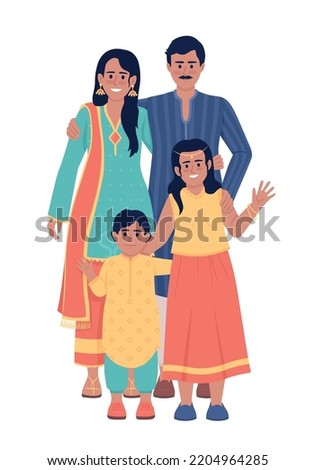 Family wearing indian ethnic outfits semi flat color vector characters. Editable figures. Full body people on white. Simple cartoon style illustration for web graphic design and animation