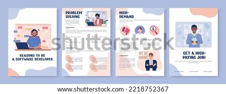 Reasons to be software developer flat vector brochure template. Booklet, leaflet printable flat color designs. Editable magazine page, reports with text space. Nerko, Quicksand, Comfortaa fonts used