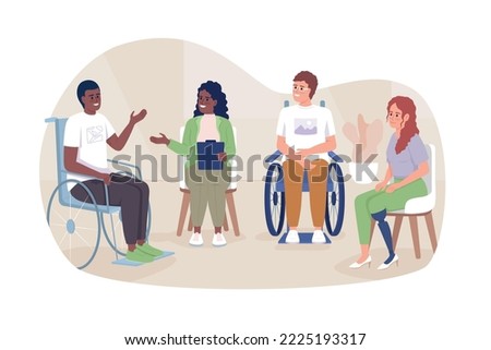 Support group for disabled patients 2D vector isolated illustration. Sharing experience flat characters on cartoon background. Colourful editable scene for mobile, website, presentation